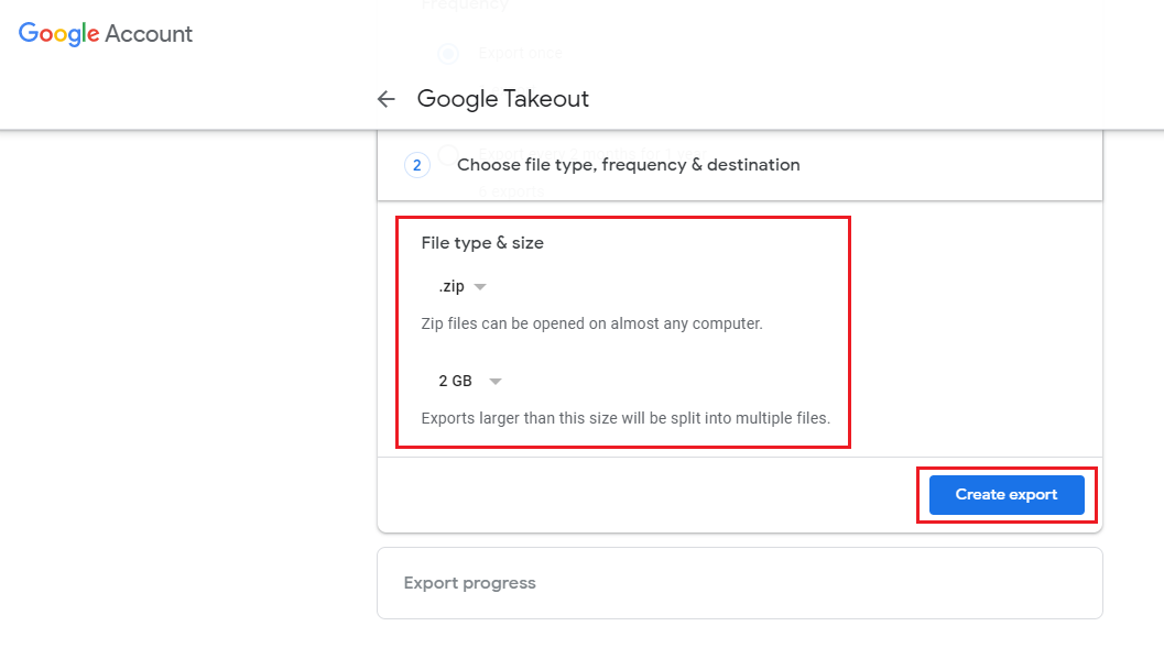 select file type and click create export to resolve gmail storage quota exceeded