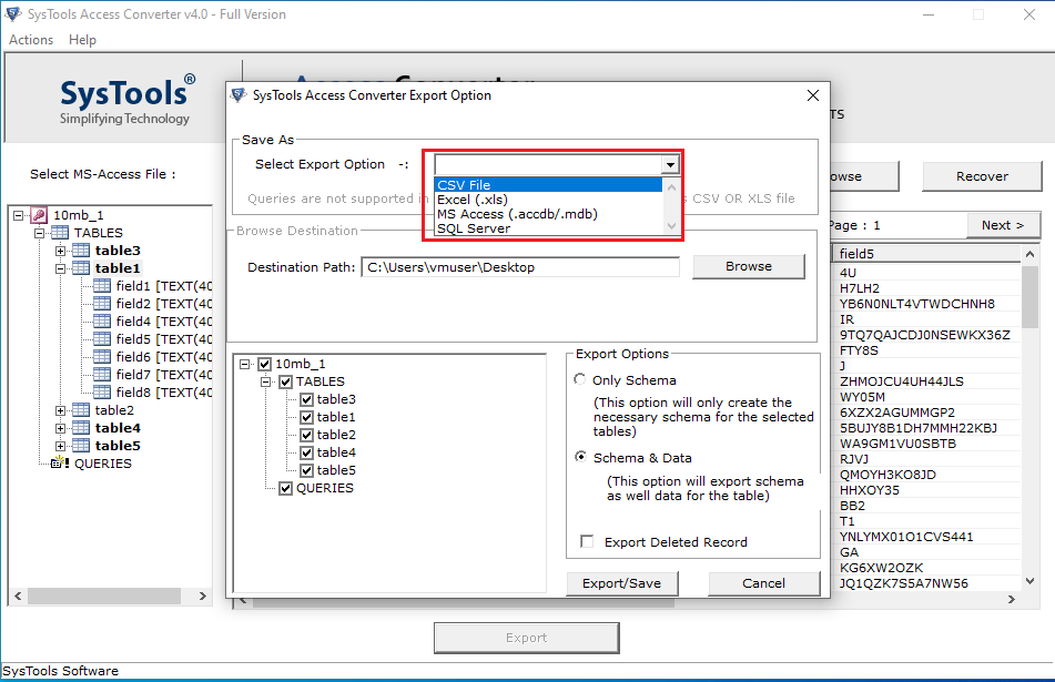 click export and choose sql