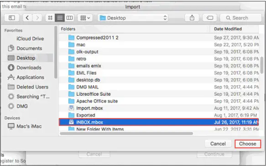 choose inbox.mbox file to add hotmail to apple mail 